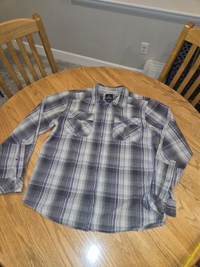 prAna Men's Plaid Button-Up Shirt Gray White Purple Long Sleeve L Pockets